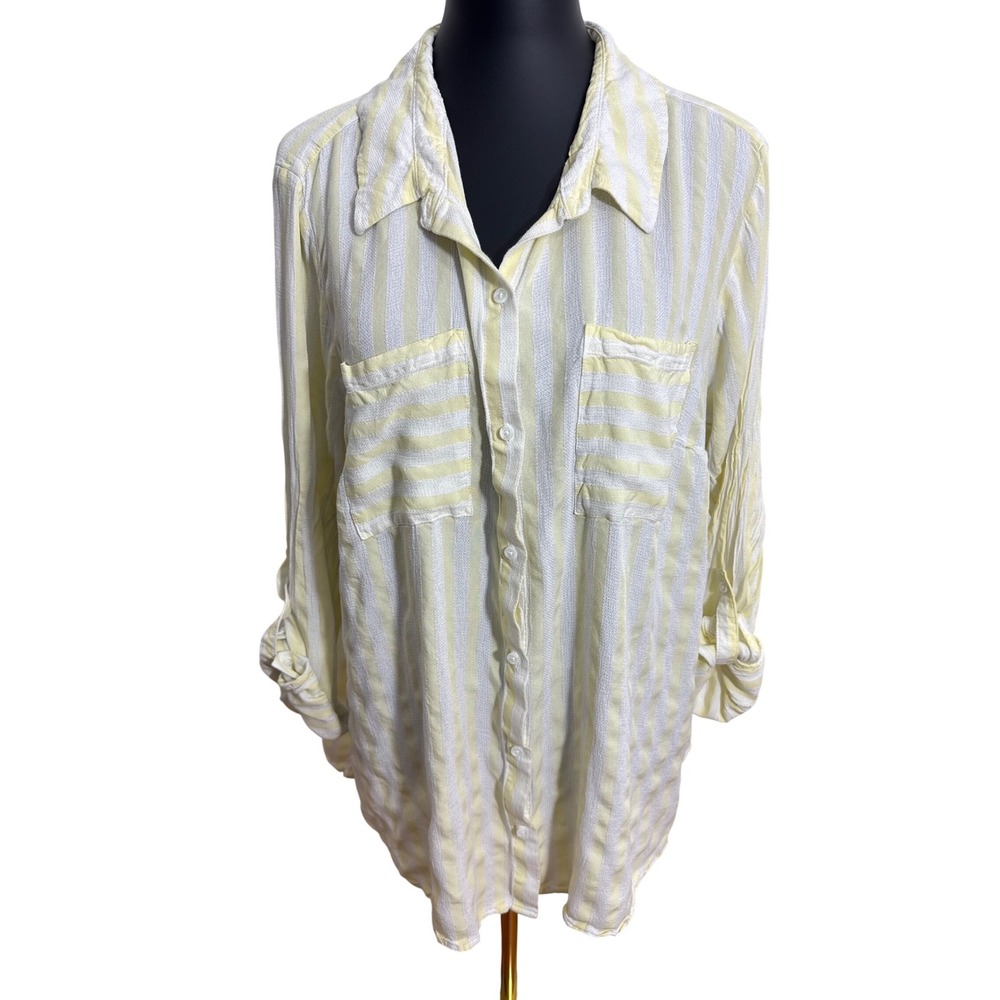 Cato Womens 22/24W‎ Yellow White Stripe Button Blouse Rayon Lightweight Top